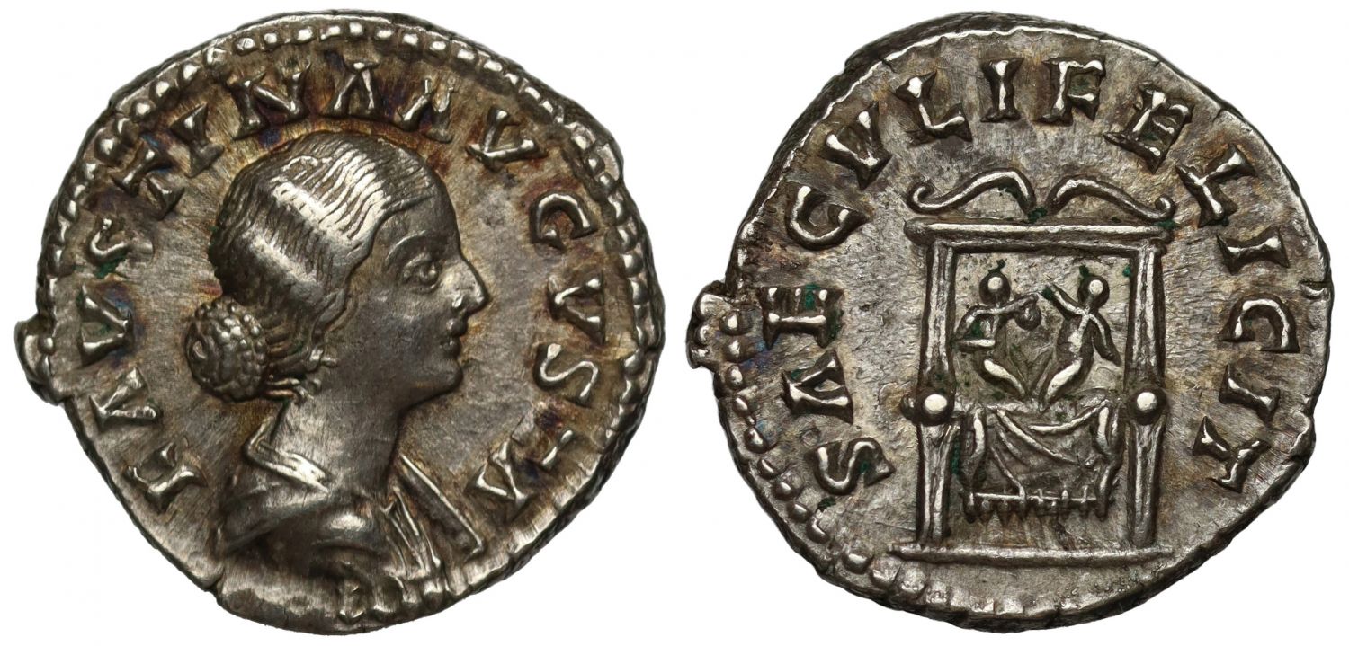 Faustina Junior, Silver Denarius depicting the infant twins Commodus and Antoninus.