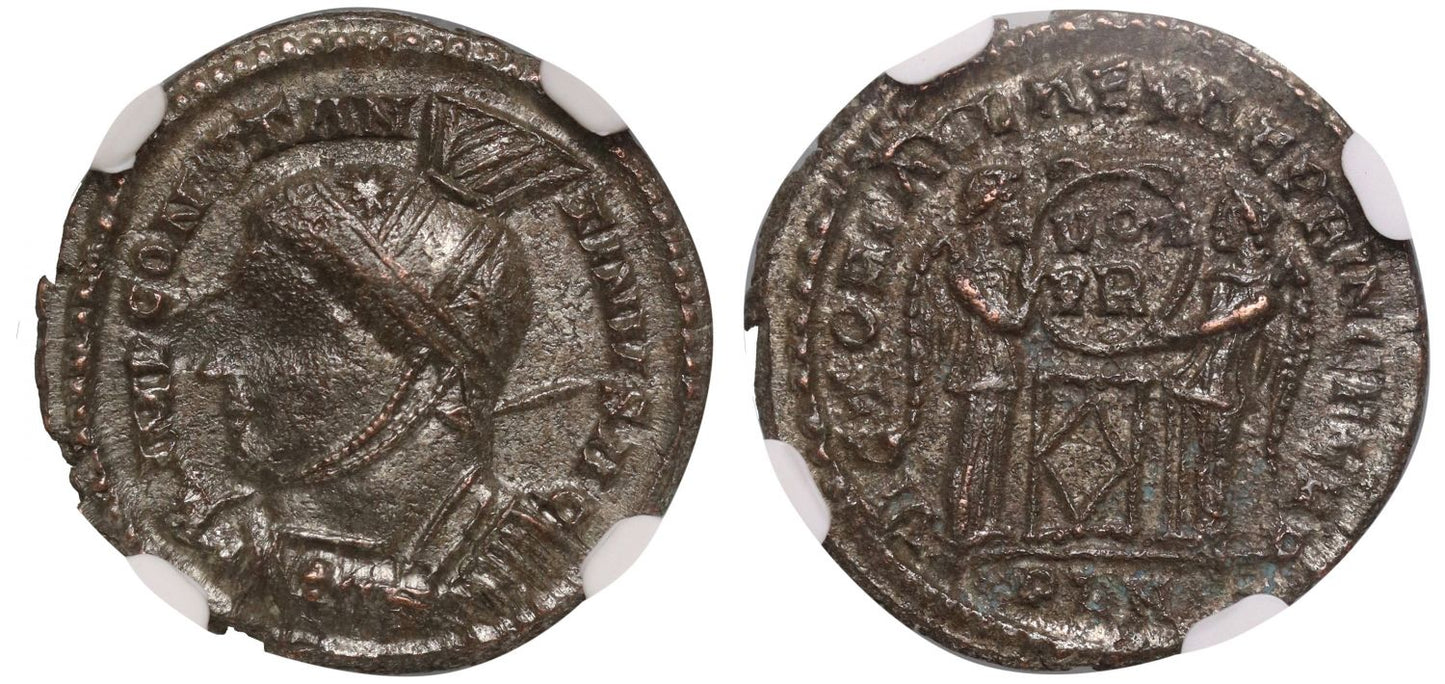 Romano-British Interest - London Mint, Constantine I Bronze Follis, VICTORIAE LAETAE PRINC PERP fully silvered. NGC XF flan flaw.
