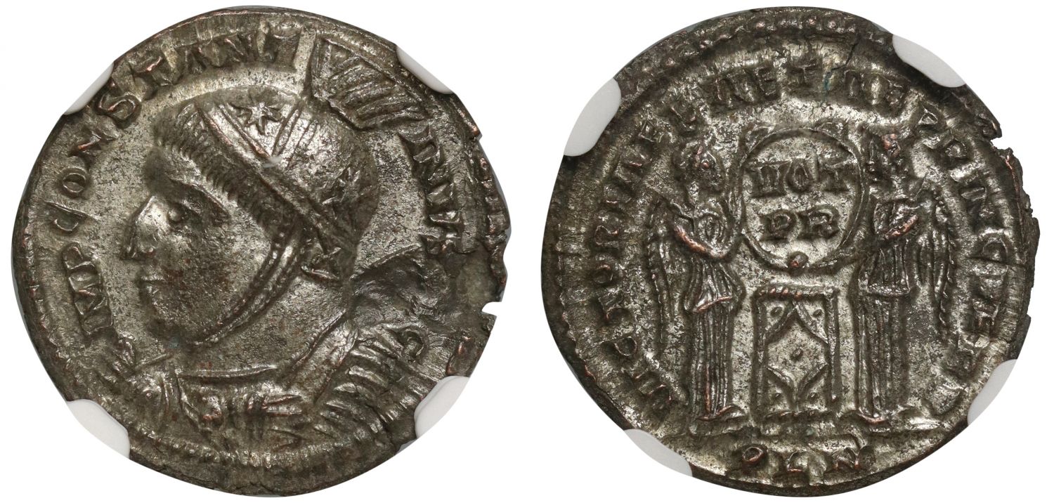 London, Constantine I Bronze Follis, VICTORIAE LAETAE PRINC PERP fully silvered, XF flan flaw.