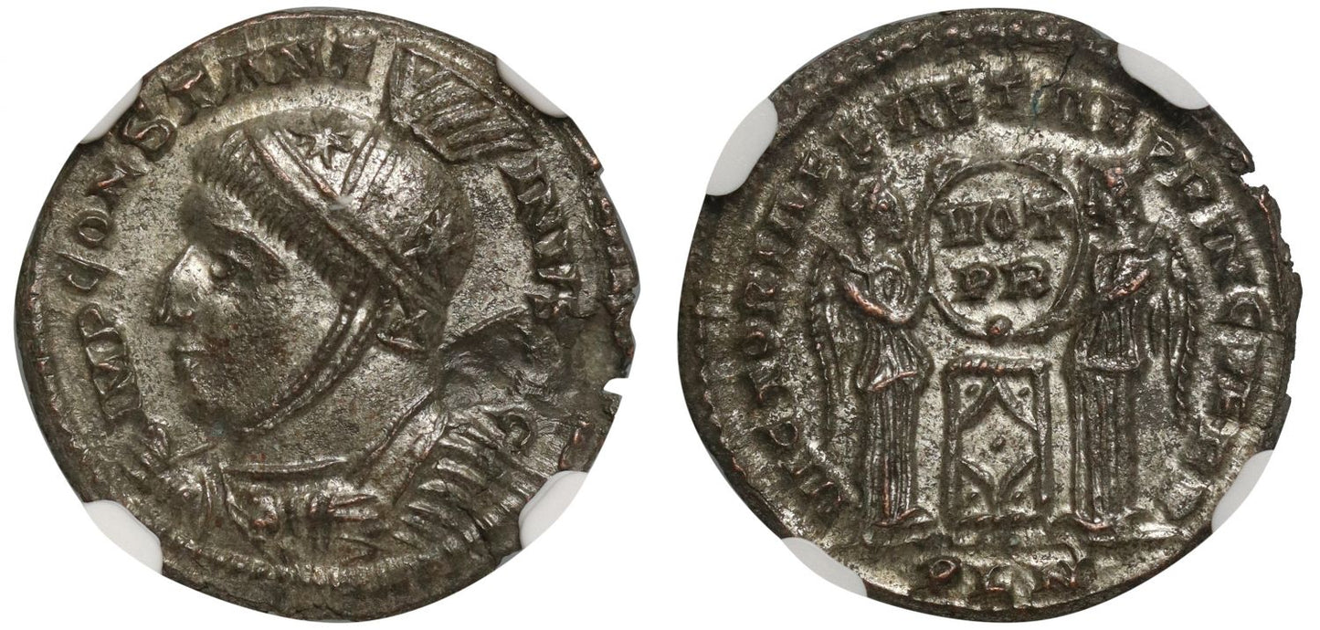 London, Constantine I Bronze Follis, VICTORIAE LAETAE PRINC PERP fully silvered, XF flan flaw.