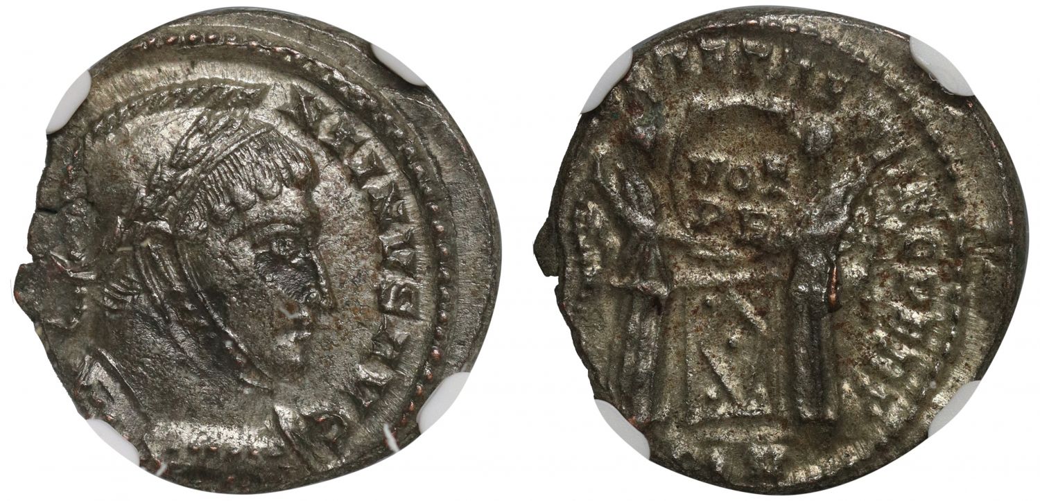 Constantine I Bronze Follis, London, VICTORIAE LAETAE PRINC PERP fully silvered, XF flan flaw.