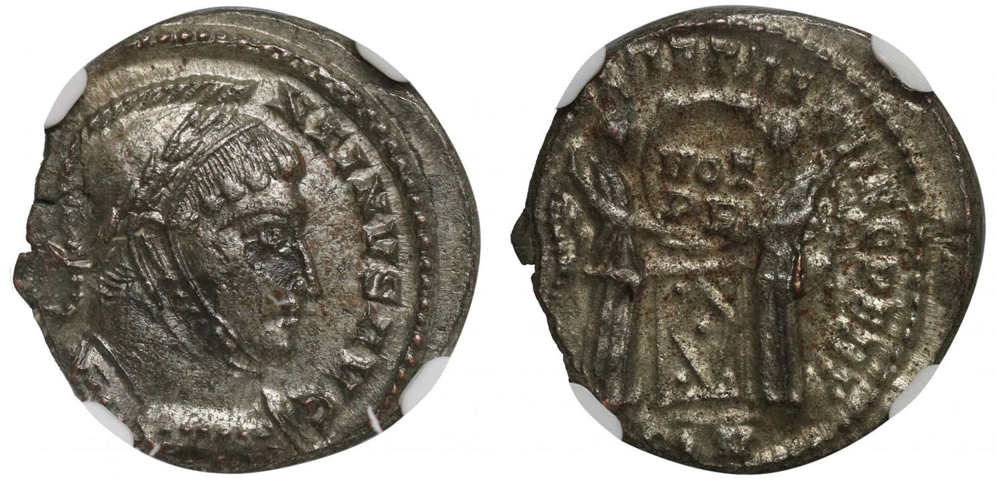 Constantine I Bronze Follis, London, VICTORIAE LAETAE PRINC PERP fully silvered, XF flan flaw.