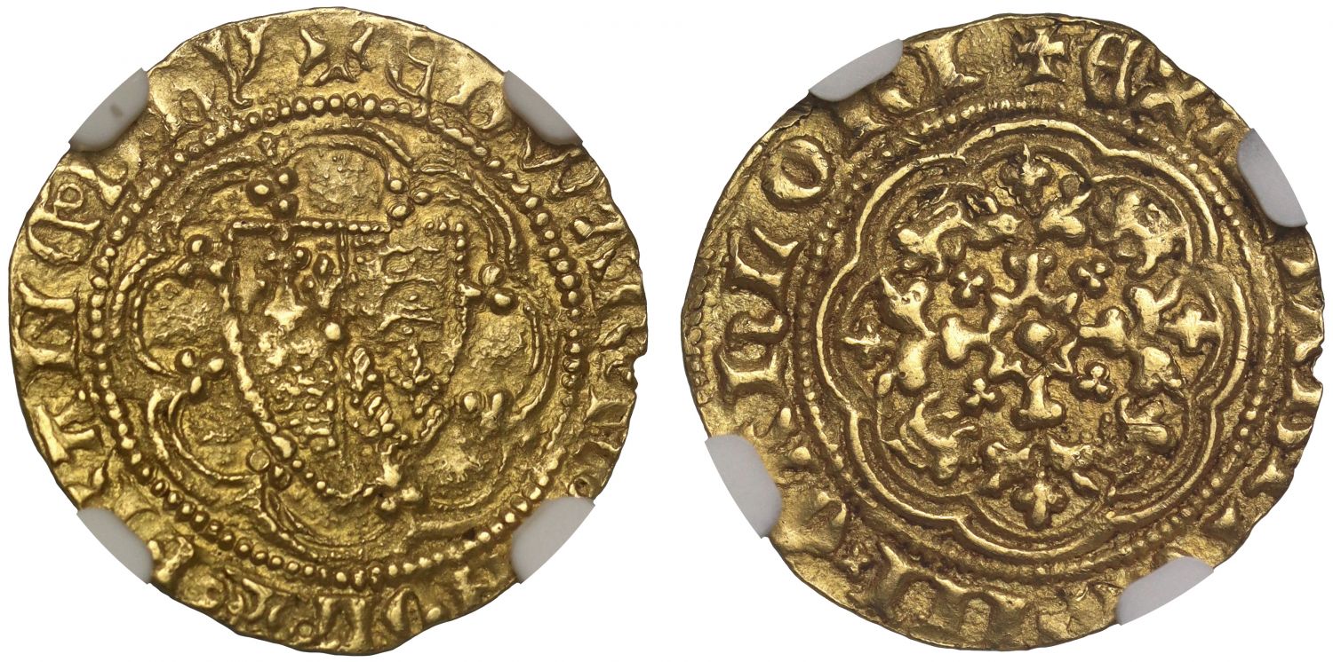 Edward III gold Quarter-Noble MS64, Pre-Treaty G, 4 lis shield, E on reverse