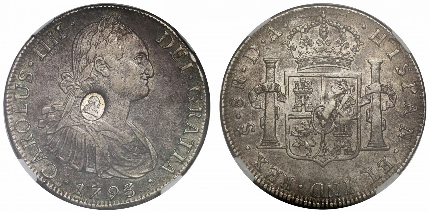 George III oval countermark on Chile 1793-DA 8-Reales, NGC XF45
