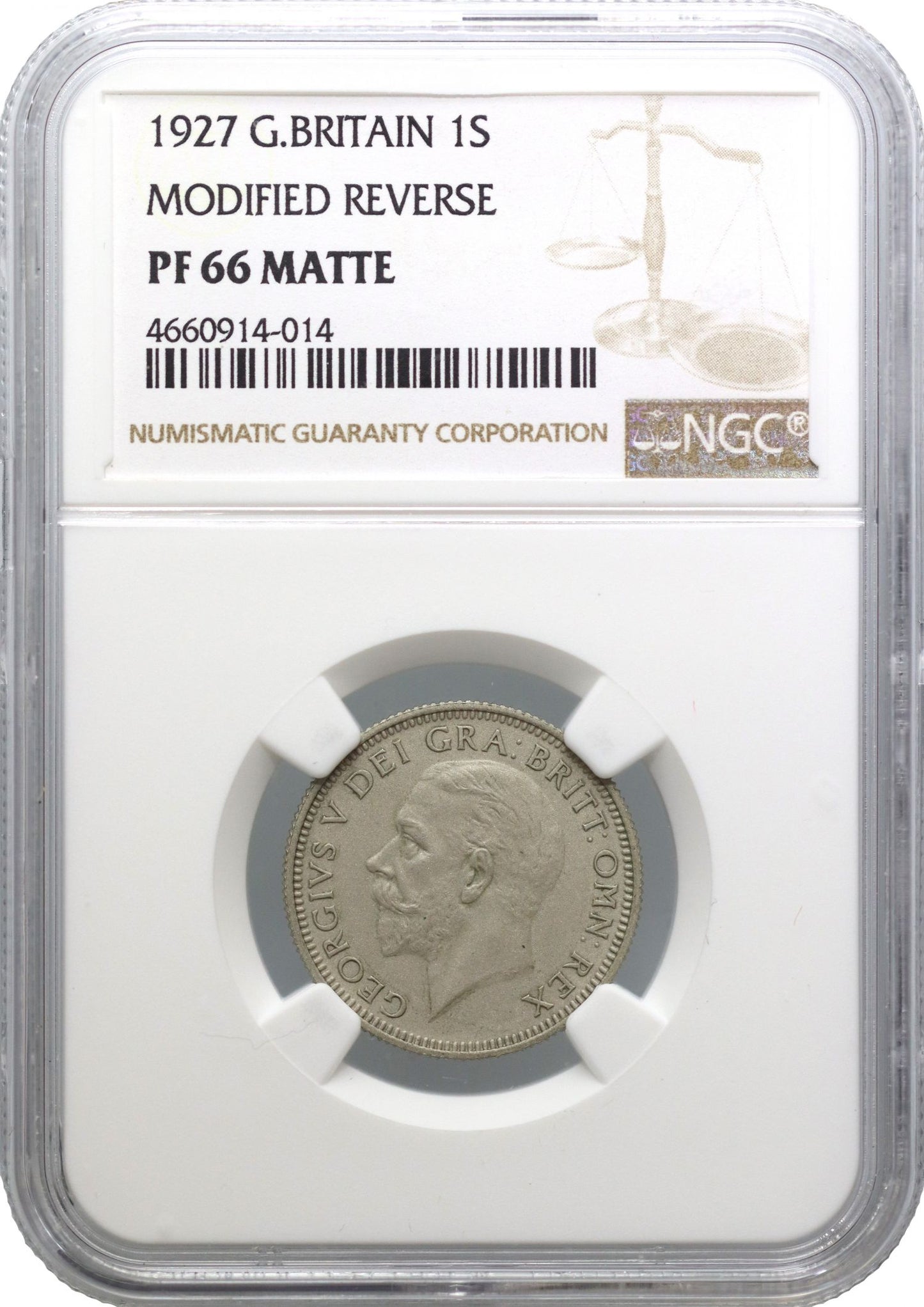 George V 1927 matte proof Shilling PF66 MATTE struck for experimental purposes