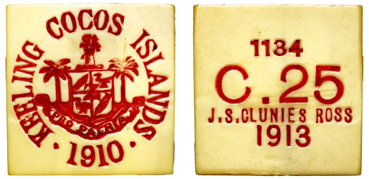 Keeling and Cocos, 1913 plastic ivorine 25-Cents, MS63