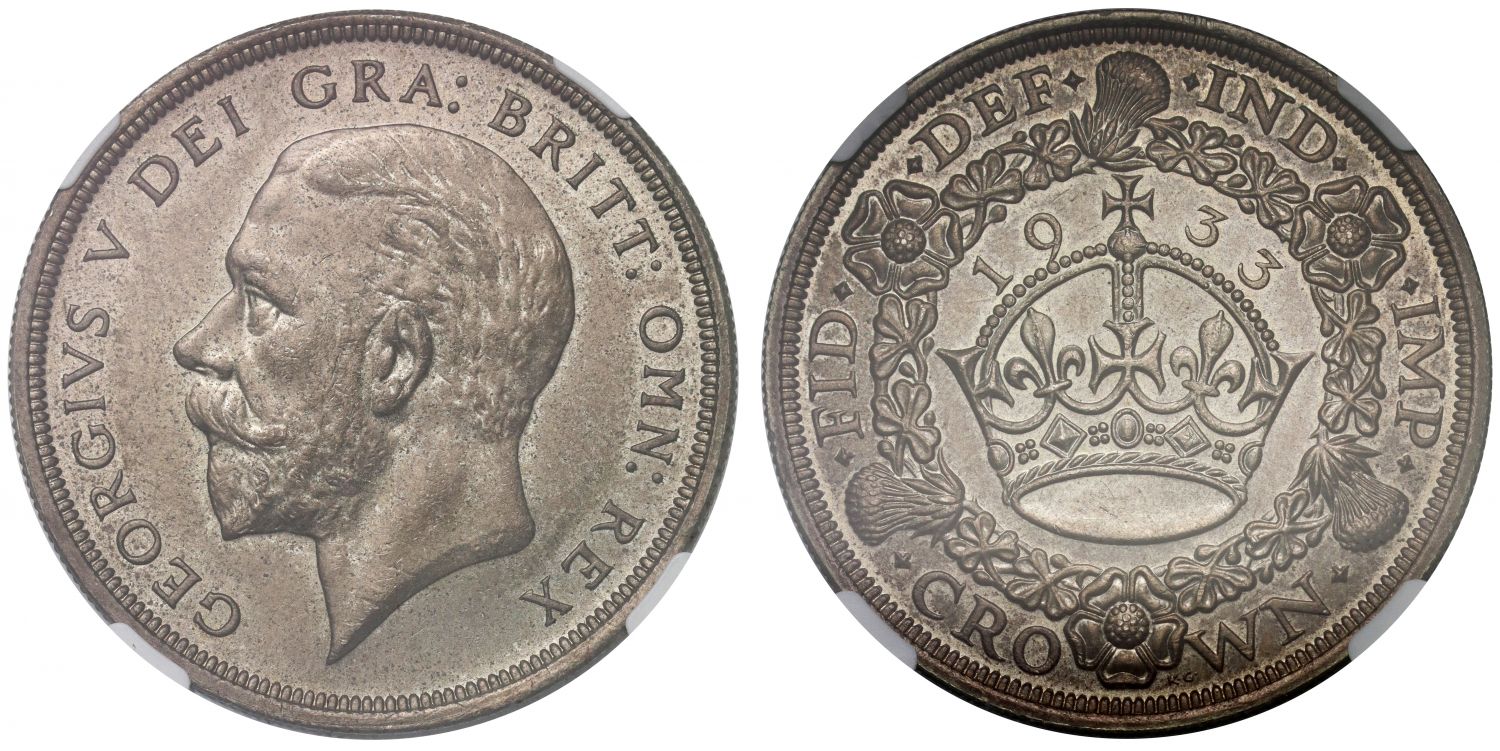 George V 1933 'Wreath' Crown AU58, only 7,132 issued in time for Christmas 1933