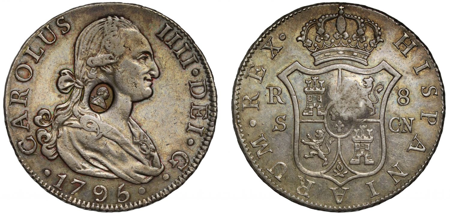 George III oval countermark on Spain 1795 8-Reales Seville mint, NGC AU53