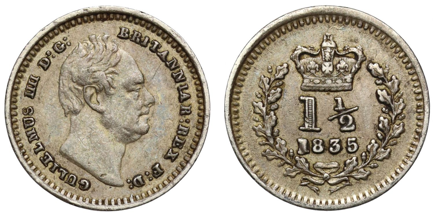 William IV 1835, 5 struck over 4, silver Threehalfpence issued for Colonial use