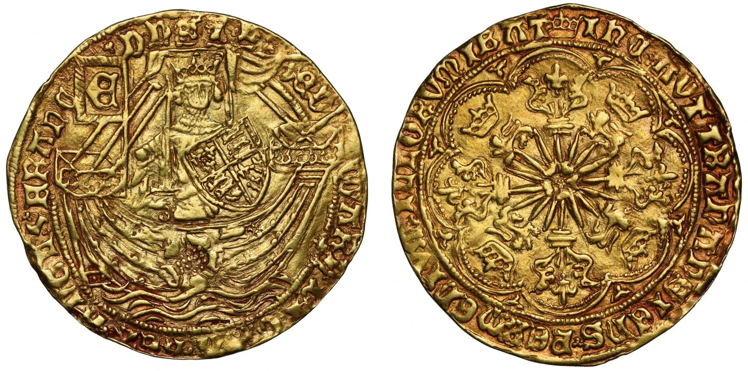 Edward IV gold Ryal AU55, Light coinage initial mark crown, TRANANSIENS error