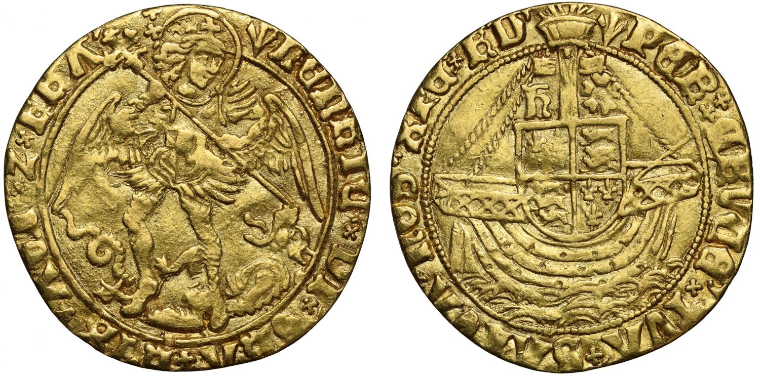 Henry VII gold Angel, class V, initial mark pheon, NGC Clipped