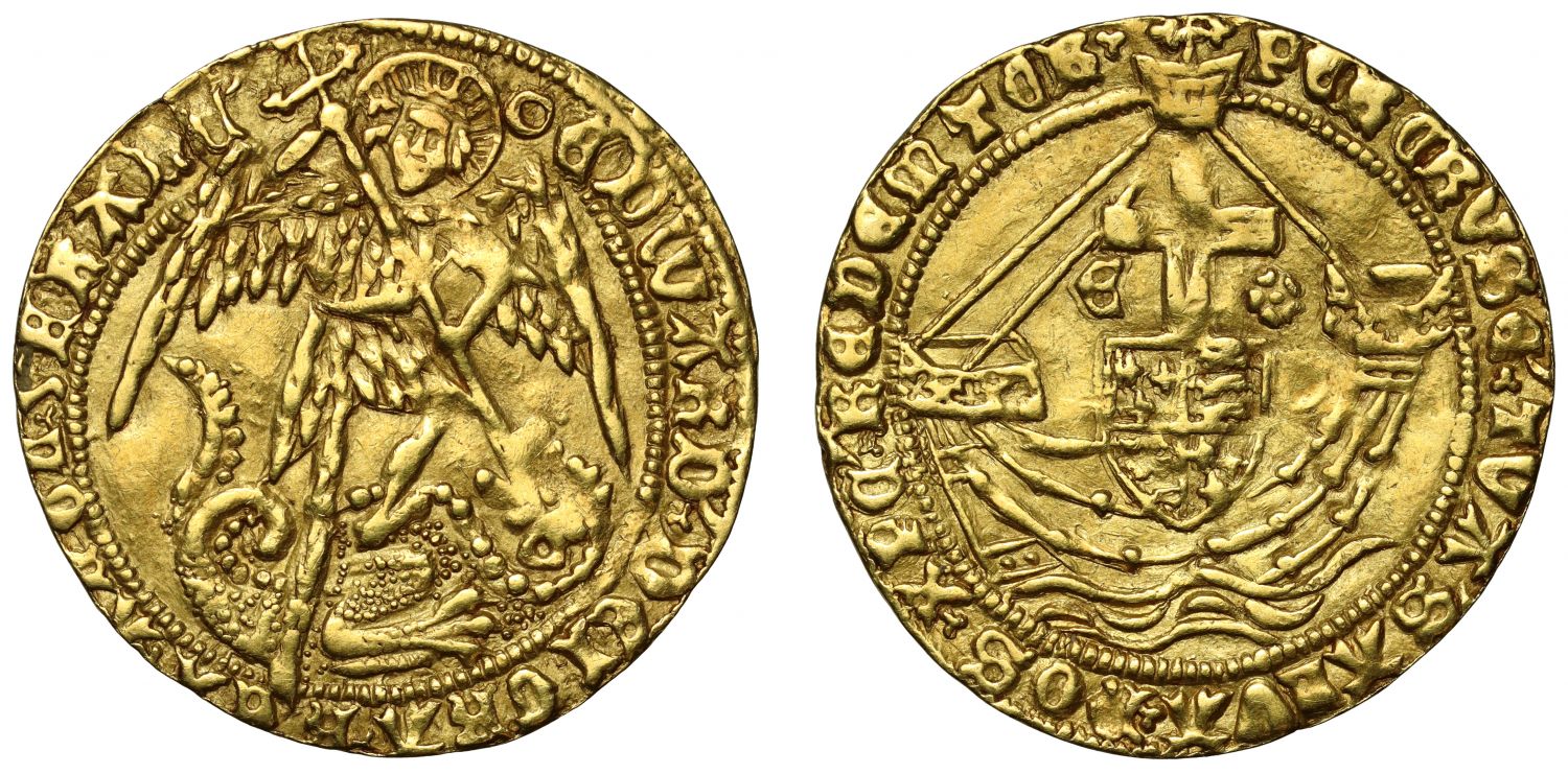 Edward IV gold Angel, initial mark annulet, NGC AU55