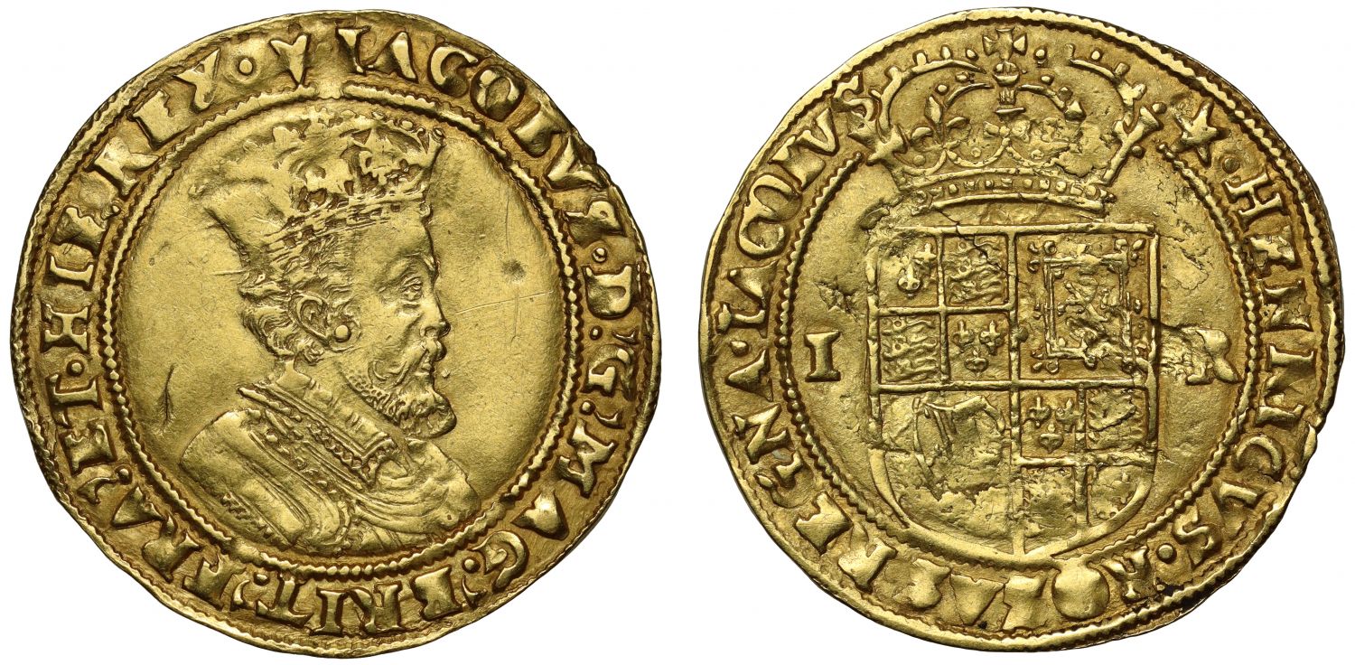 James I gold Double Crown NGC AU55, initial mark mullet, very rare mark