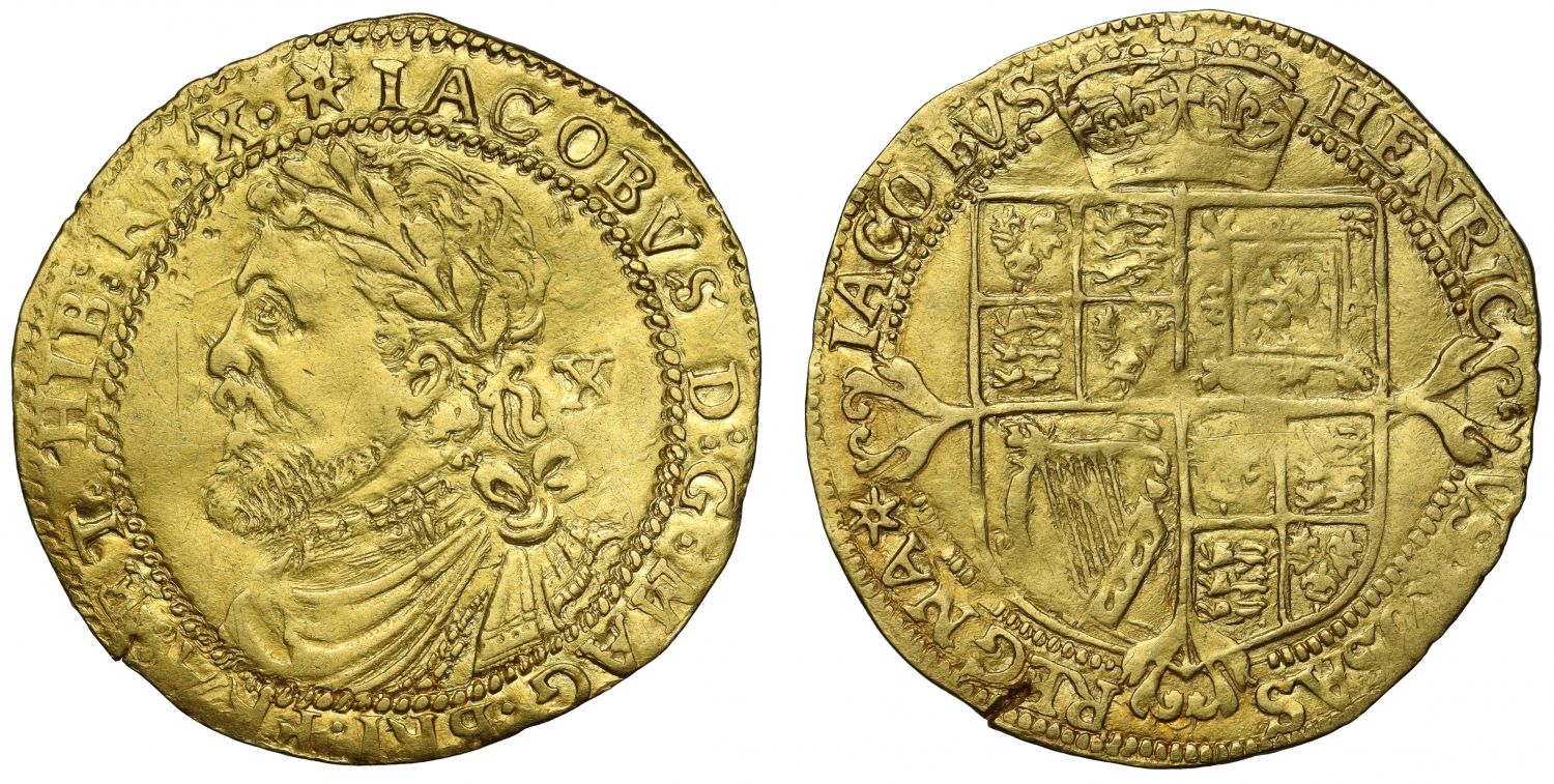 James I gold Half Laurel, third coinage first bust, inital mark spur rowel