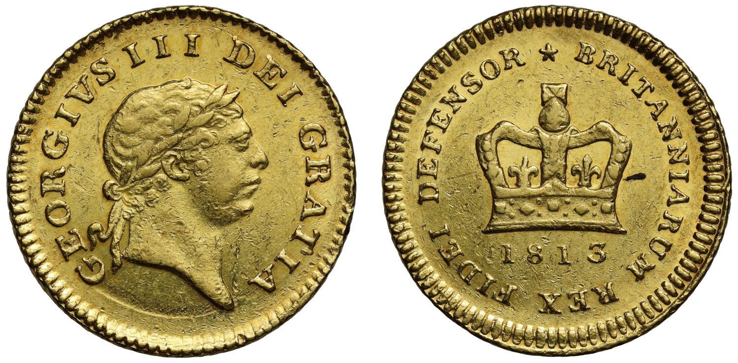 George III 1813 Third-Guinea, final date very rare, AU58