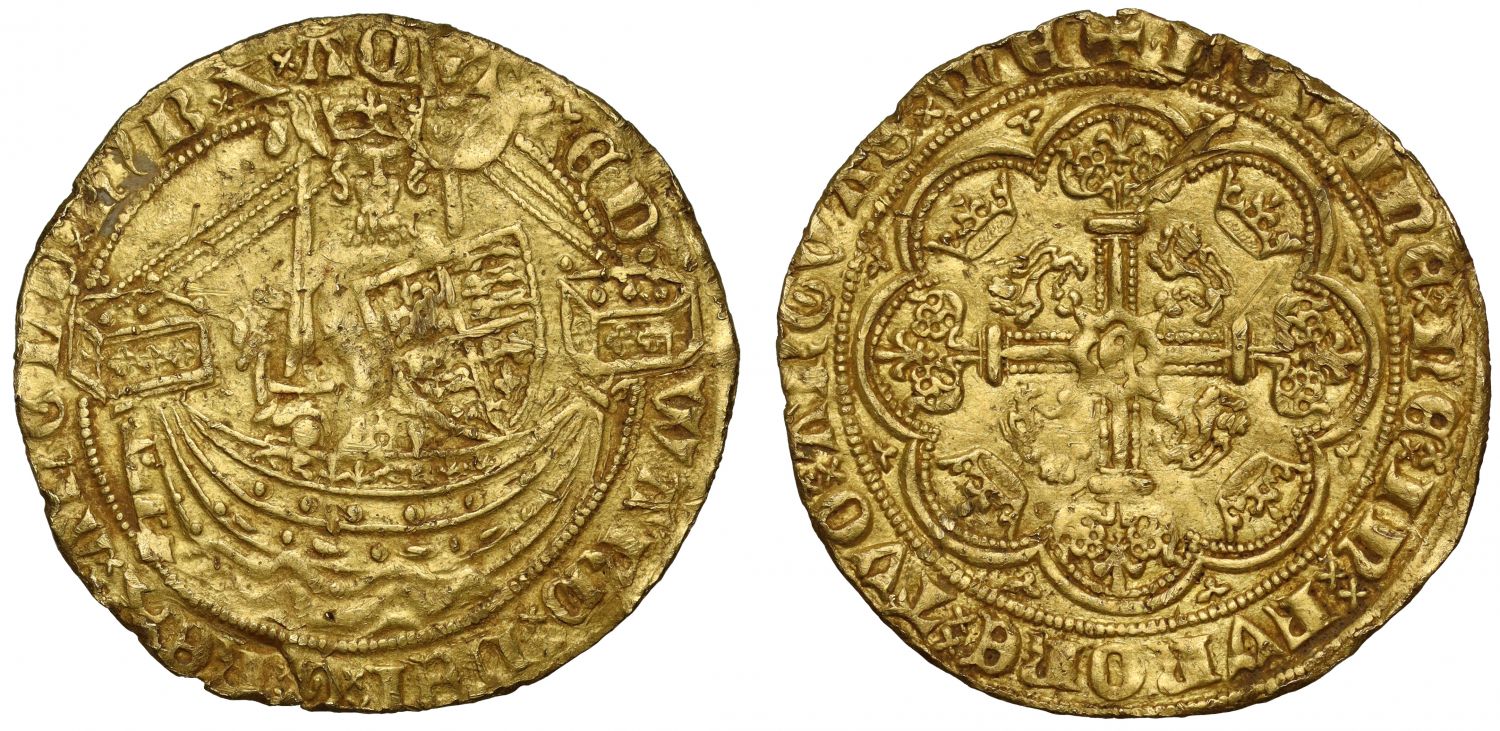 Edward III gold Half-Noble, Treaty Period, London, no stops after ANGL