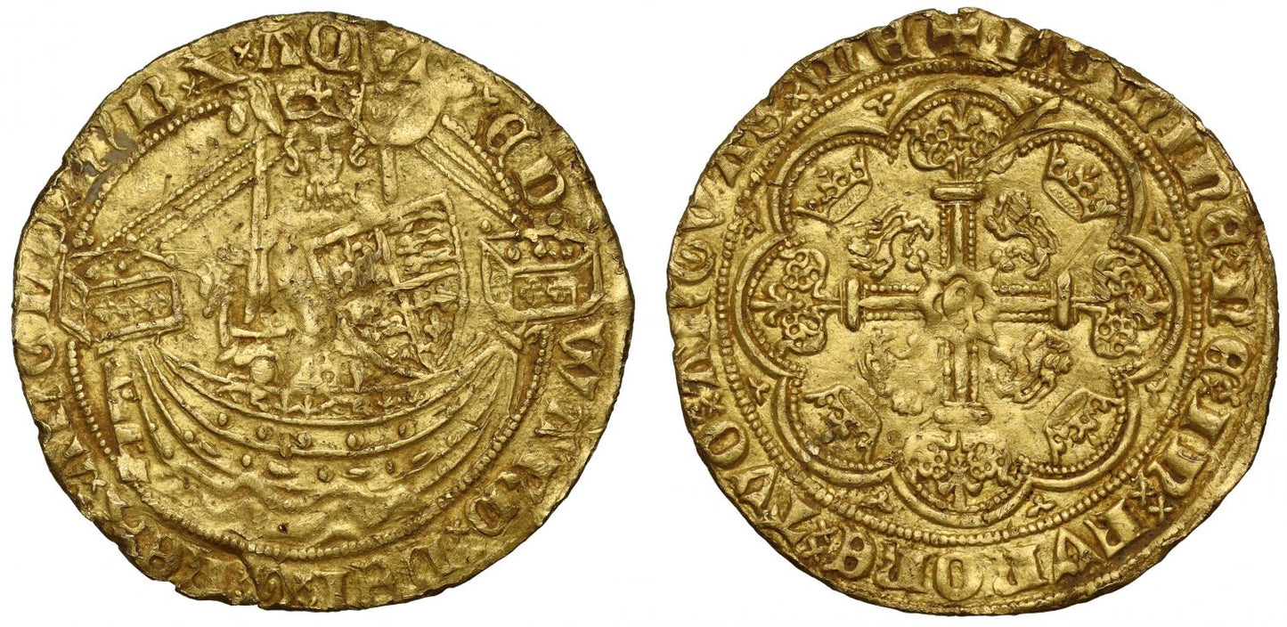 Edward III gold Half-Noble, Treaty Period, London, no stops after ANGL