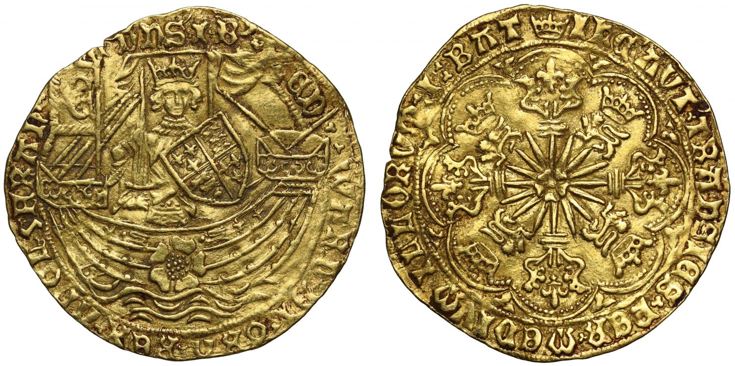 Edward IV gold Ryal, Light Coinage, initial mark crown, TRANSIES error spelling