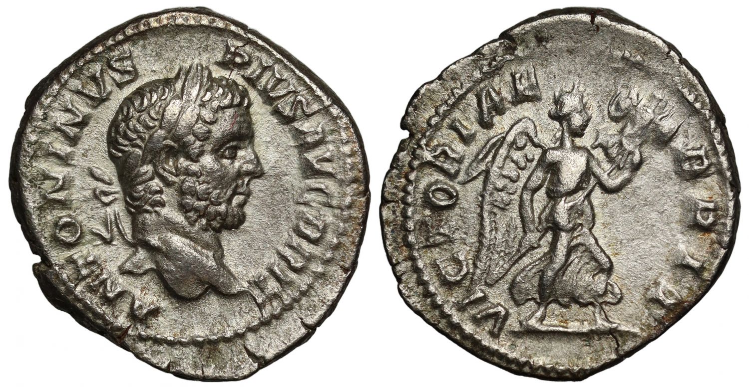 Romano-British Interest, Caracalla, Silver Denarius, Victory in Britain.