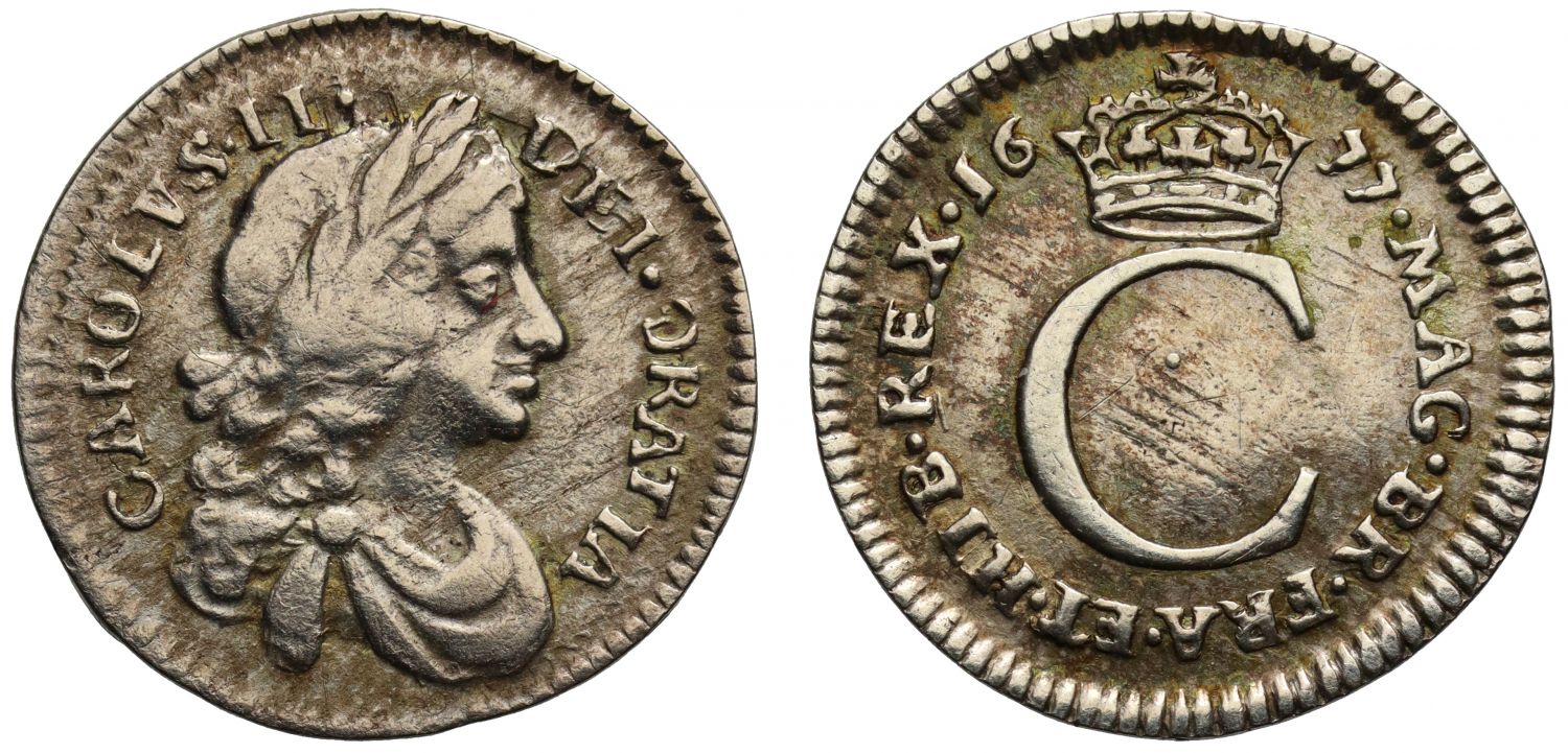 Charles II 1677 silver Penny, rotated G in Gratia