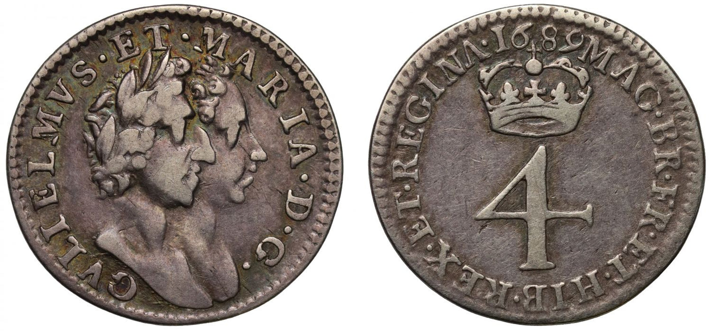 William & Mary 1689 silver Fourpence, unbarred A