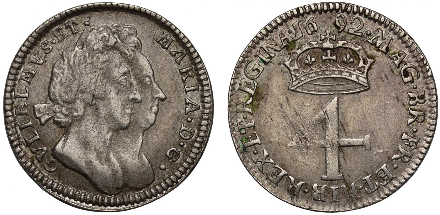 William & Mary 1692 silver Fourpence, first A unbarred in MARIA