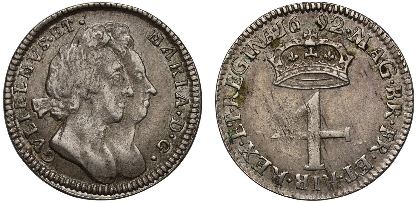 William & Mary 1692 silver Fourpence, first A unbarred in MARIA
