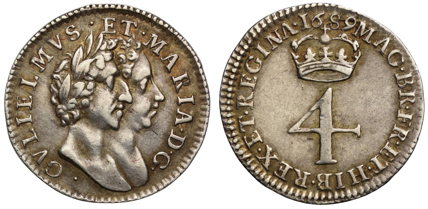 William & Mary 1689 silver Fourpence, G below bust, stop before G