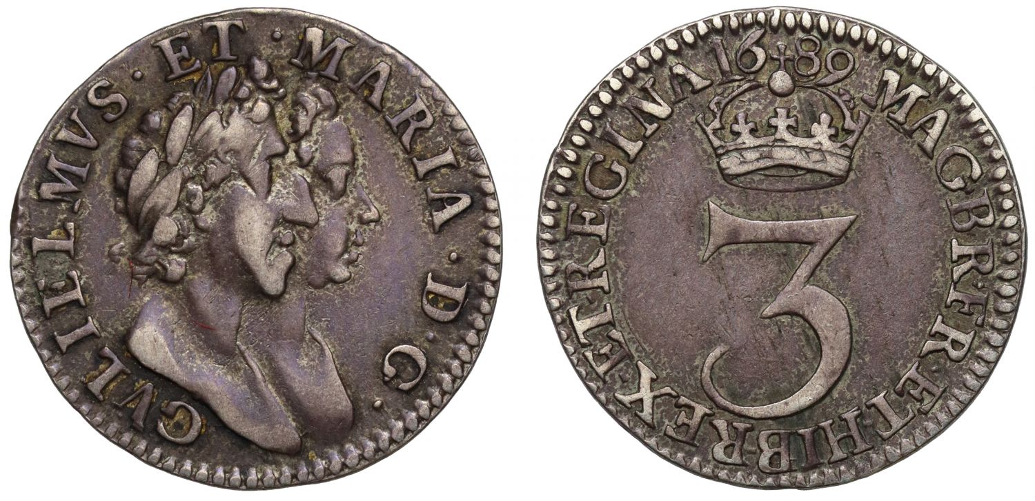William & Mary 1689 silver Threepence, first busts, no stop by date