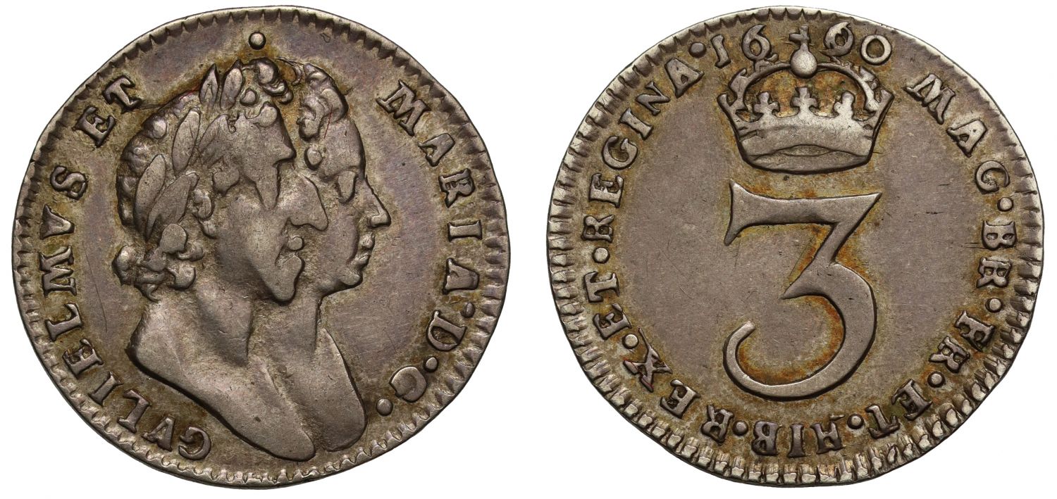 William & Mary 1690 silver Threepence, 9 over 6, stops at DG
