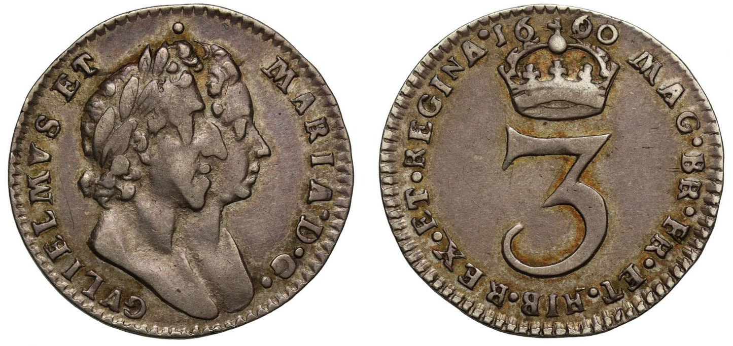 William & Mary 1690 silver Threepence, 9 over 6, stops at DG