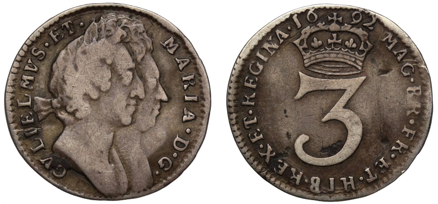 William & Mary 1692 silver Threepence, second busts, GV below bust