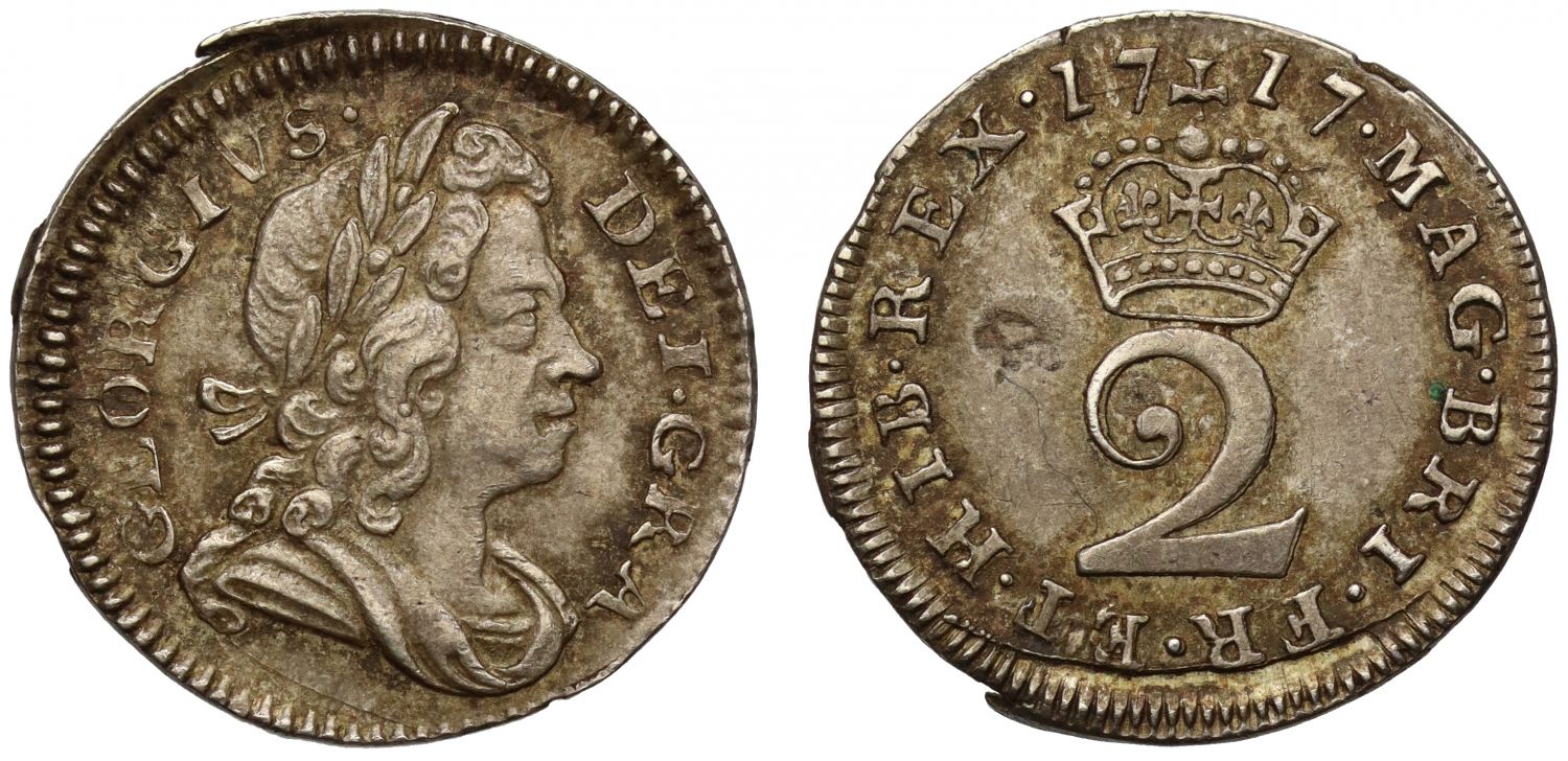 George I 1717 silver Twopence, miscut flan