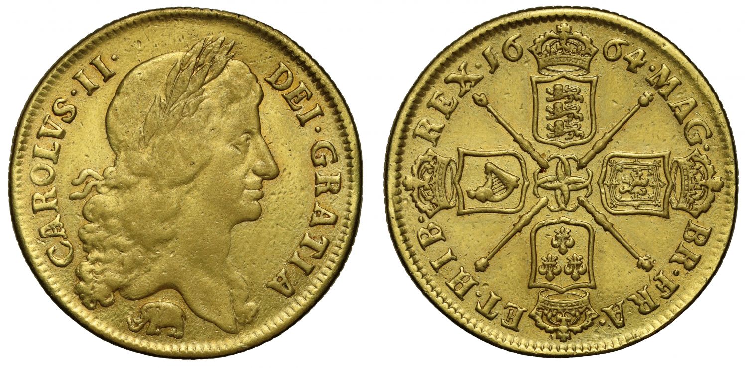 Charles II 1664 Two-Guineas Elephant below first bust