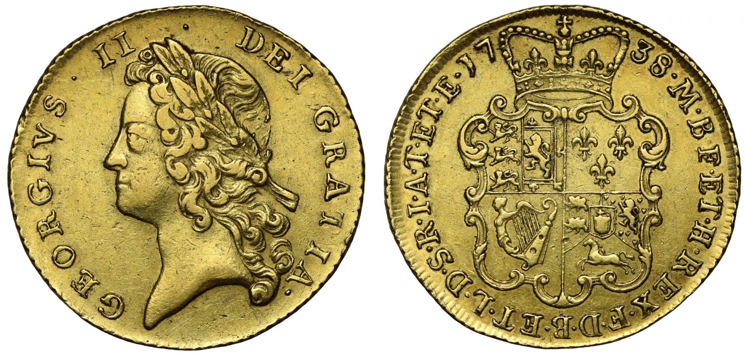George II 1738 Two-Guineas, young head, Schneider dies 4/4