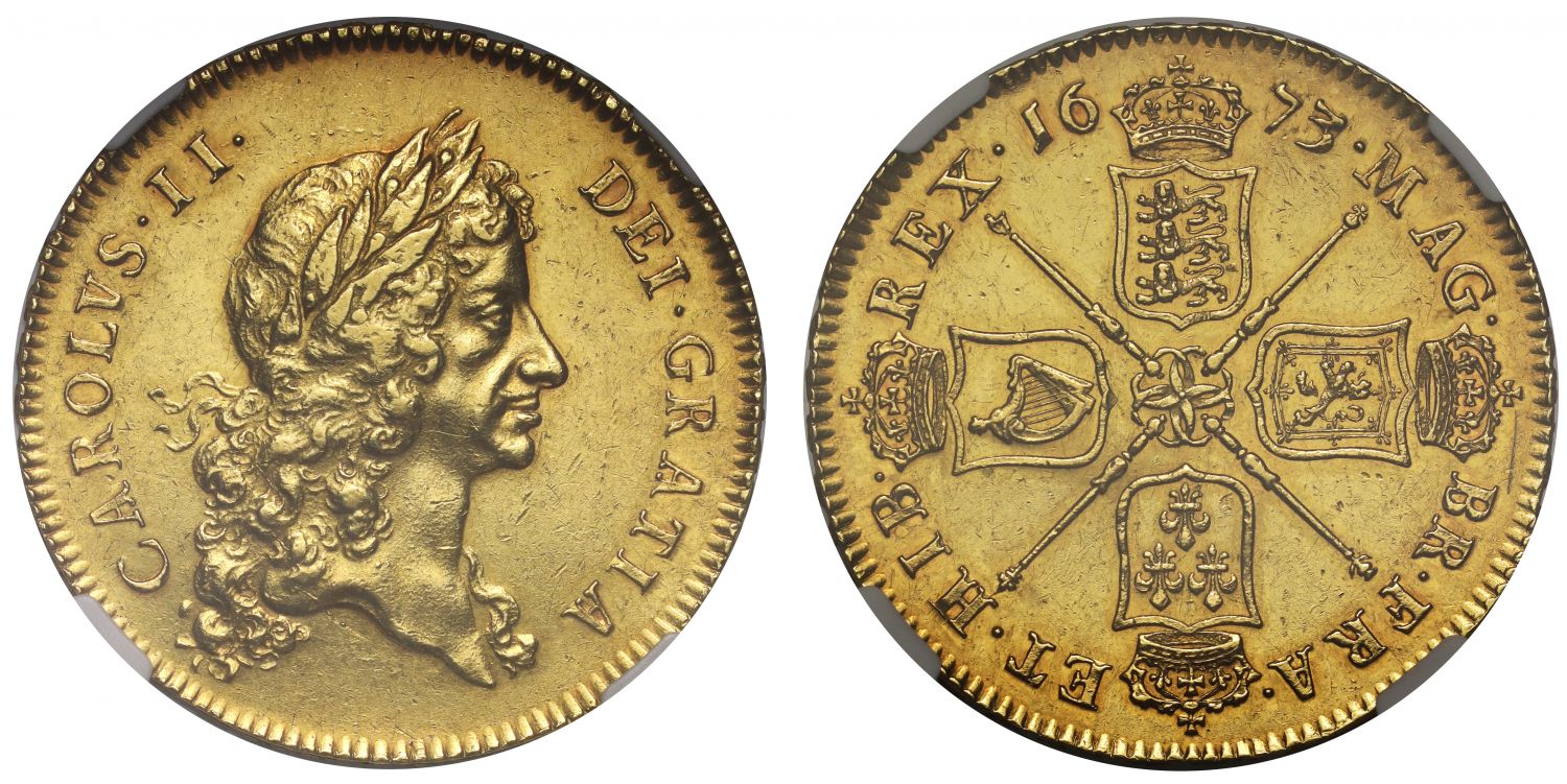 Charles II 1673 Five-Guineas, 1st laureate bust, NGC AU55+, edge V. QVINTO