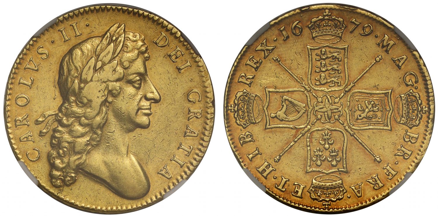 Charles II 1679 Five-Guineas, 2nd bust 1st year, edge TRICESIMO PRIMO