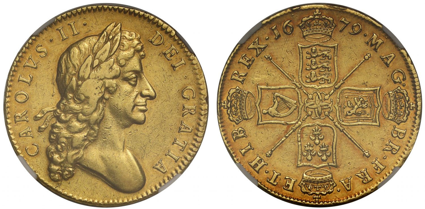 Charles II 1679 Five-Guineas, 2nd bust 1st year, edge TRICESIMO PRIMO
