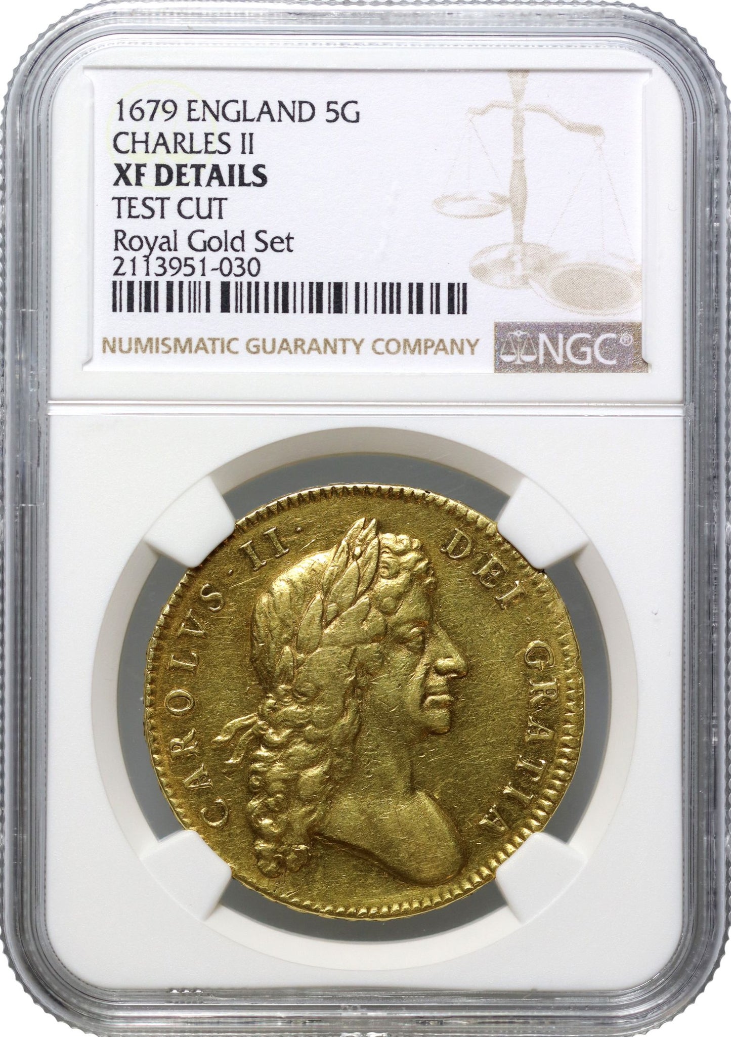 Charles II 1679 Five-Guineas, 2nd bust 1st year, edge TRICESIMO PRIMO