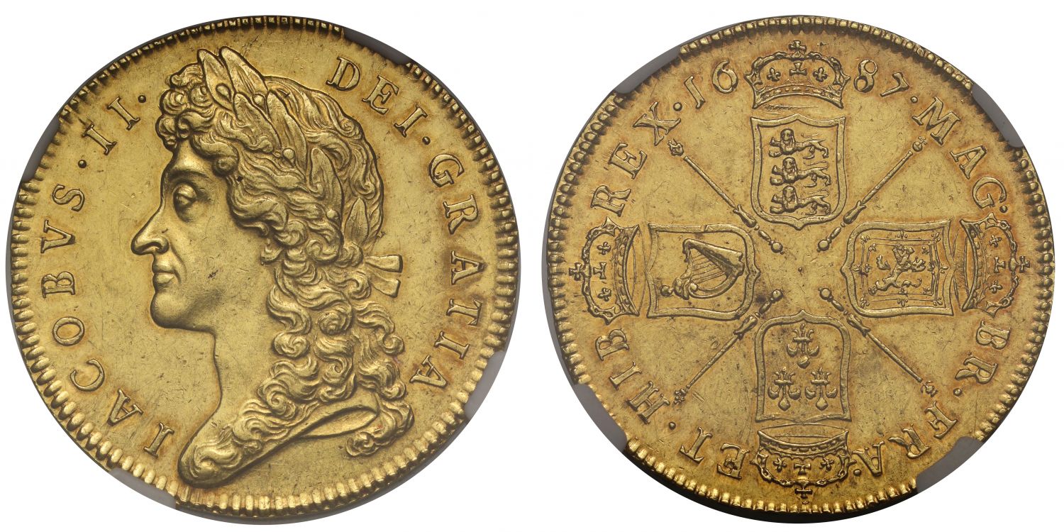 James II 1687 Five-Guineas, second laureate bust, NGC MS61, edge TERTIO