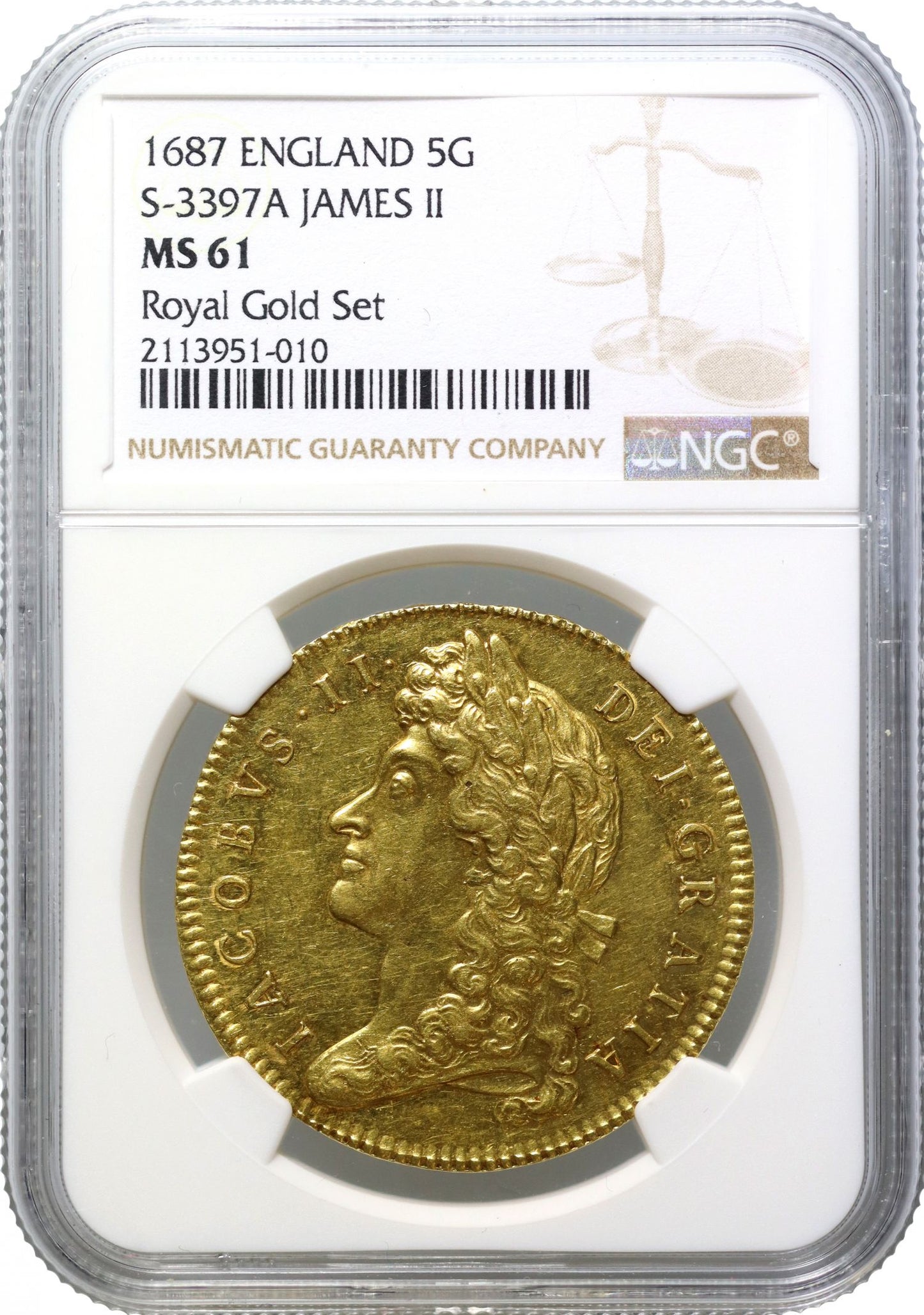 James II 1687 Five-Guineas, second laureate bust, NGC MS61, edge TERTIO