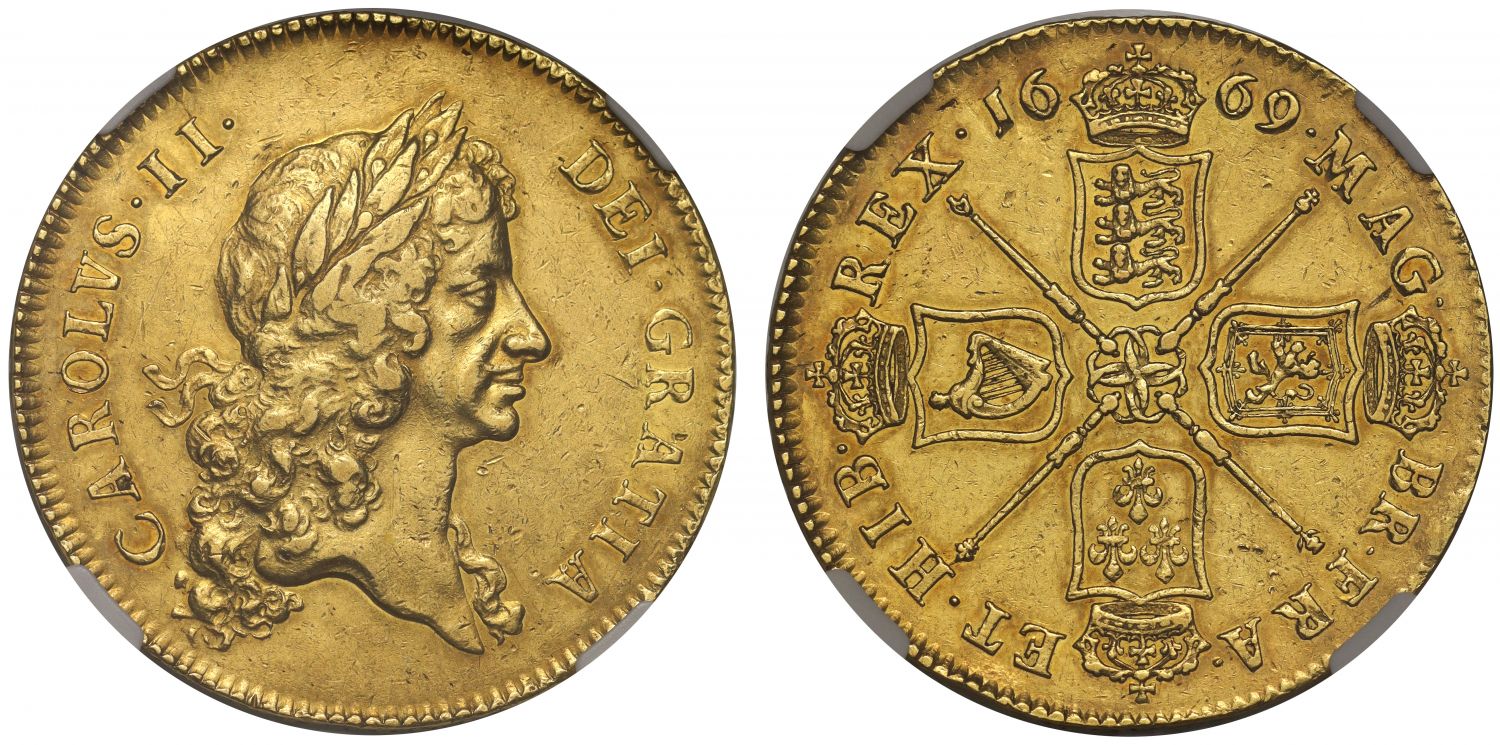 Charles II 1669 Five-Guineas, 1st bust, rare date NGC AU53, edge VICESIMO PRIMO