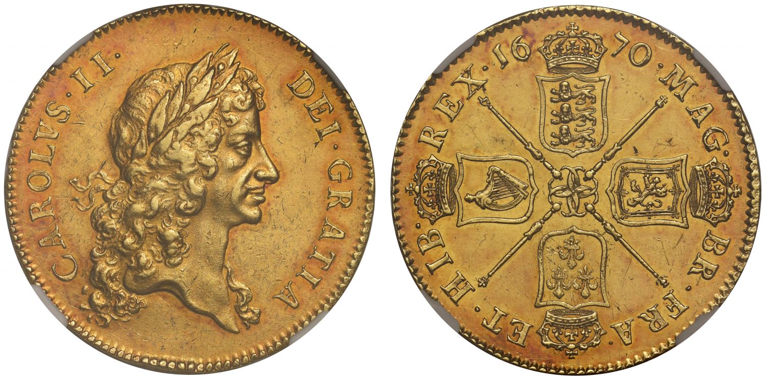 Charles II 1670 Five-Guineas, first bust, NGC AU58, edge VICESIMO SECVNDO