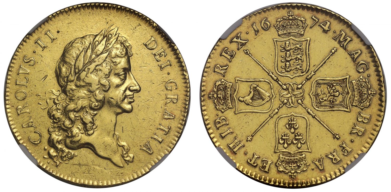 Charles II 1674 Five-Guineas, 1st bust, rarest date of this reign, VICESIMO SEXTO
