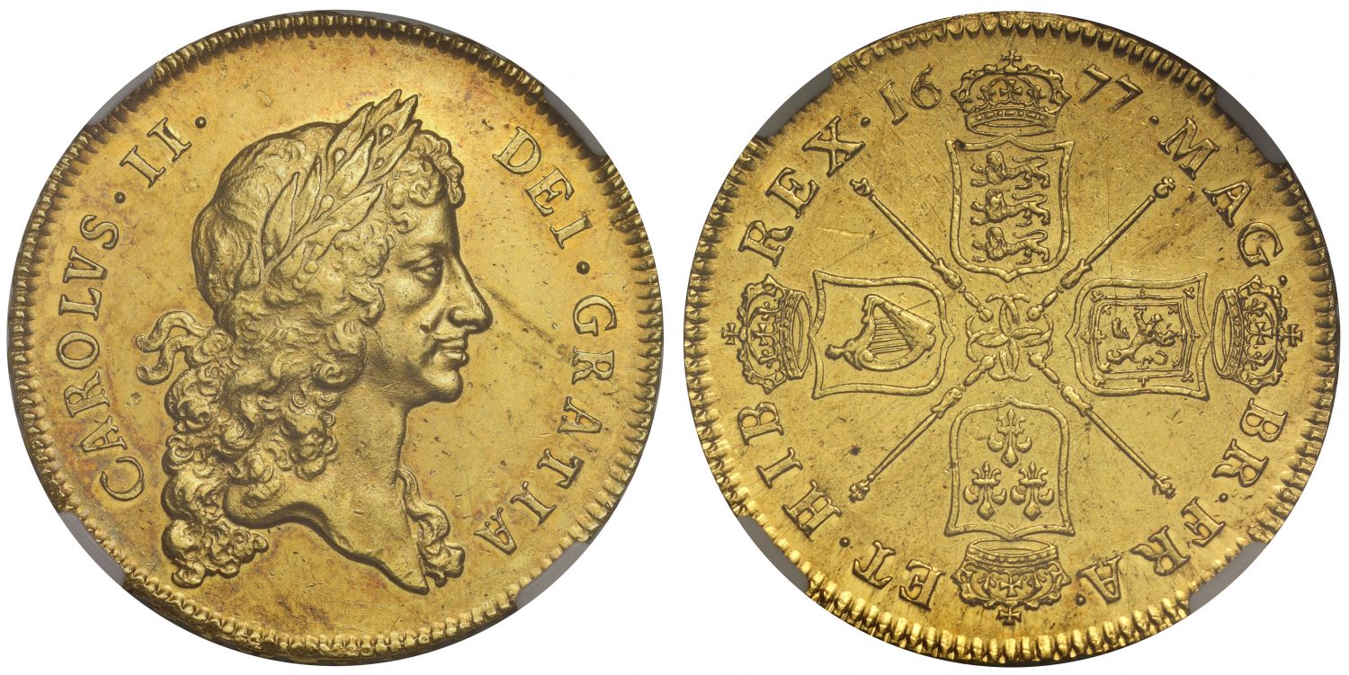Charles II 1677 Five-Guineas, first bust, NGC MS61, the finest graded example