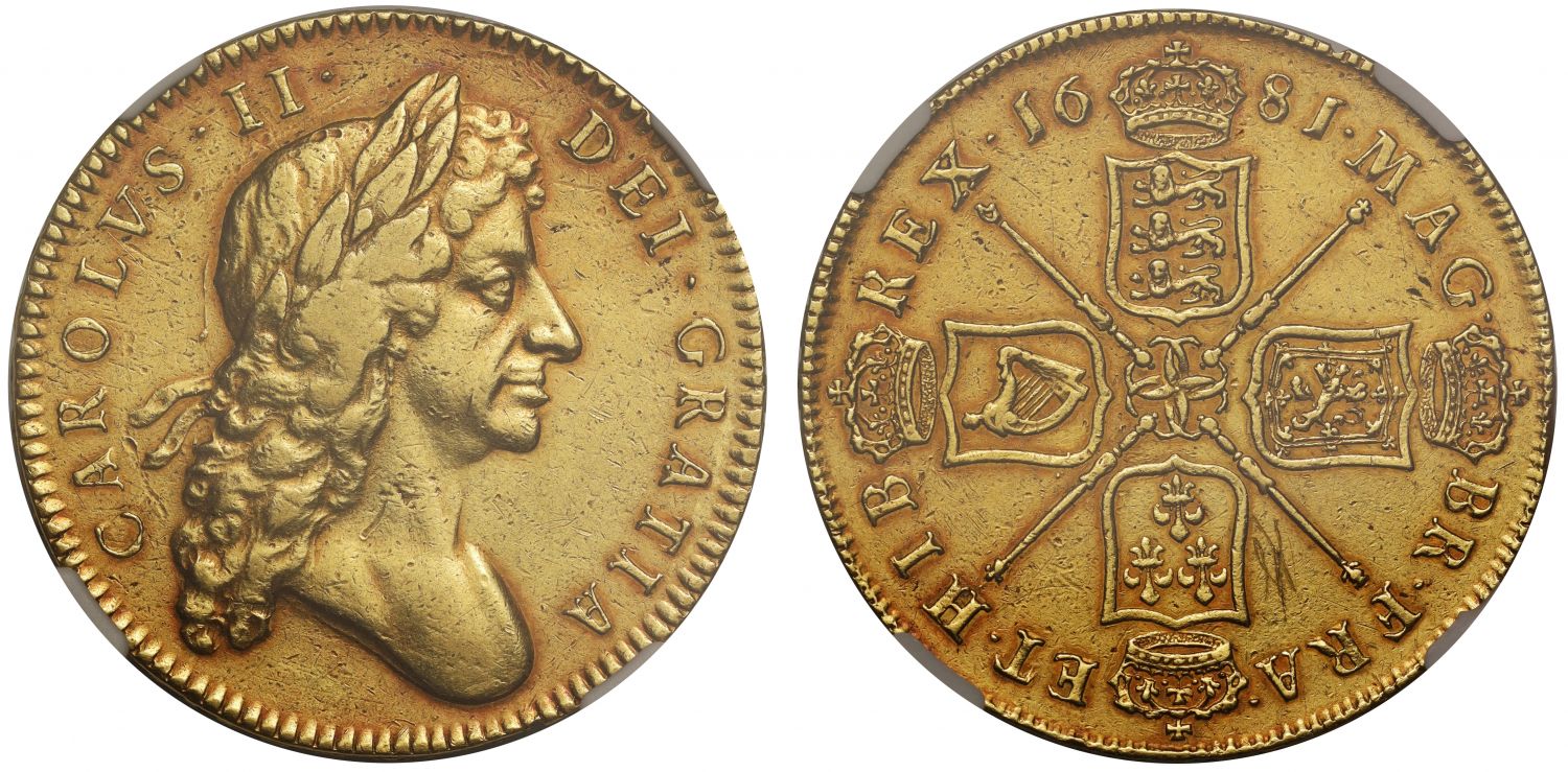 Charles II 1681 Five-Guineas, 2nd bust, edge year TRICESIMO TERTIO