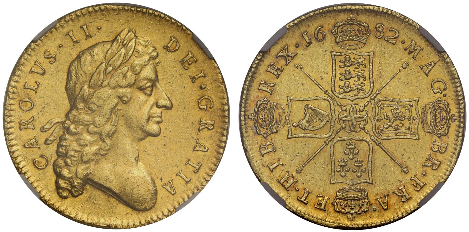 Charles II 1682 Five-Guineas, 2nd bust, NGC AU58, edge TRICESIMO QVARTO