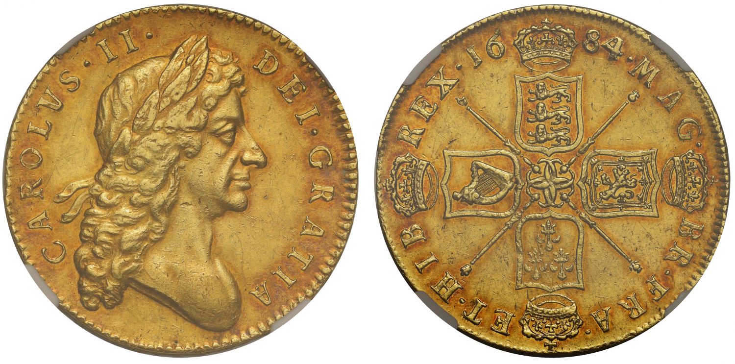 Charles II 1684 Five-Guineas, 2nd bust, NGC AU53, final date of reign, T. SEXTO