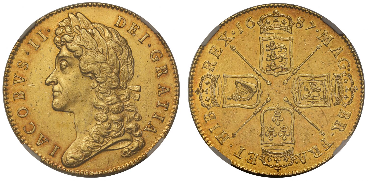 James II 1687 Five-Guineas, 2nd bust, NGC MS62, 2nd finest graded, edge TERTIO