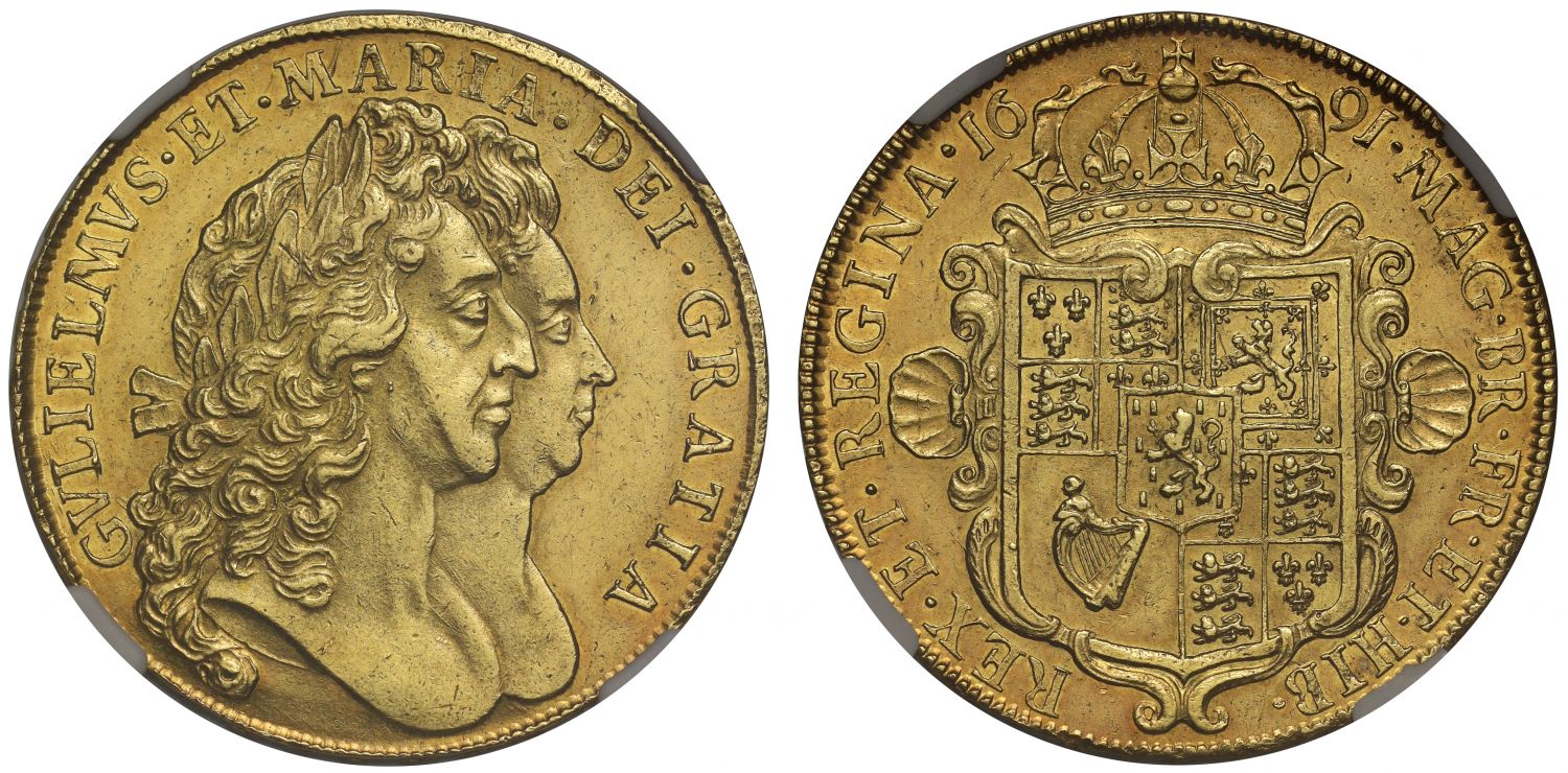 William and Mary 1691 Five-Guineas, NGC MS61, TERTIO edge, conjoined busts